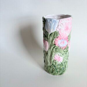 Vintage Hand-Painted Floral Tulip Ceramic Vase – Pink and Green Floral Design